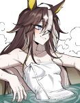 1girl animal_ears blue_eyes breasts brown_hair cleavage collarbone dream_journey_(umamusume) grin hair_between_eyes highres horse_ears horse_girl long_hair multicolored_hair naked_towel partially_submerged simple_background sitting small_breasts smile solo steam towel two-tone_hair umamusume vvernerluniq wet white_background white_hair 