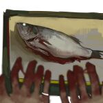  1girl absurdres animal animal_focus blood blood_on_hands blurry blurry_foreground chinese_commentary commentary_request copyright_request cutting_board dead_animal fish highres pov pov_hands simple_background solo toseri white_eyes 