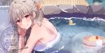  1girl blush breasts closed_mouth commentary_request folded_ponytail grey_hair hair_between_eyes highres large_breasts looking_at_viewer looking_to_the_side naked_towel omuretsu onsen original partially_submerged red_eyes rubber_duck smile solo towel water watermark 