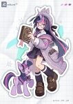  1girl alternate_costume animal_ears animal_hat animification black_socks book bright_pupils brown_shoes cardigan collared_shirt commentary creature_and_personification cutie_mark cutie_mark_print dual_persona glasses hat highres holding holding_book horns horse_ears loafers long_hair looking_at_viewer multicolored_hair my_little_pony my_little_pony:_friendship_is_magic necktie open_cardigan open_clothes outline personification pleated_skirt pony_(animal) purple_cardigan purple_eyes purple_hair purple_hat purple_skirt rookive round_eyewear shirt shoes single_horn skirt socks streaked_hair striped_clothes striped_necktie twilight_sparkle unicorn unicorn_girl unicorn_horn very_long_hair white_outline white_pupils white_shirt 