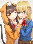  2girls ;) absurdres animal_ears animal_hood animal_on_head asakura_karen_(heaven_burns_red) black_hair blonde_hair blue_eyes blue_jacket blunt_bangs blush bow bowtie braid brown_skirt cat cat_ears cat_hood cat_on_head cat_tail closed_mouth collared_shirt commentary_request cowboy_shot embarrassed eyelashes eyes_visible_through_hair fake_animal_ears frown furrowed_brow hair_between_eyes hair_over_shoulder hair_ribbon half_up_braid hand_on_another's_chin happy heaven_burns_red highres hood hood_up hooded_jacket hug index_finger_raised jacket light_blush long_hair long_sleeves looking_at_viewer low_twintails multiple_girls on_head one_eye_closed open_clothes open_jacket orange_jacket parted_lips plaid_clothes plaid_skirt red_bow red_bowtie ribbon shirt simple_background skirt smile split_mouth story_in_commentary straight_hair sybilla_(batvb) tail tail_raised toujou_tsukasa twintails very_long_hair white_background white_ribbon white_shirt yellow_eyes yuri 