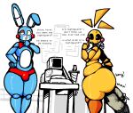 animatronic avian beakless big_butt bird blonde_hair blue_body blush blush_stickers bulge butt chicken english_text female five_nights_at_freddy's five_nights_at_freddy's_2 galliform group hair head_on_butt human lagomorph leporid long_ears machine male male/female mammal nanodude78 phasianid rabbit red_cheeks robot rosy_cheeks scottgames security security_guard text toy_bonnie_(fnaf) toy_chica_(fnaf) trio yellow_body