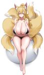 1girl absurdres animal_ears bangs bikini blonde_hair blue_eyes breasts highres huge_breasts legs long_hair looking_at_viewer multiple_tails original sitting solo suruga_(xsurugax) swimsuit tail thick_thighs thighs white_background 