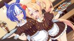  2girls ahoge animal_ears apron blonde_hair blue_hair blush braid breasts brown_shirt brown_skirt cesario_(umamusume) closed_mouth coco's collarbone commission crown_braid ear_covers food fusaichi_pandora_(umamusume) ganimede hair_between_eyes holding holding_tray horse_ears horse_girl horse_tail large_breasts long_hair looking_at_viewer medium_breasts mismatched_ear_covers multicolored_hair multiple_girls open_mouth parfait purple_eyes red_eyes shirt short_hair skeb_commission skirt smile tail tray twintails umamusume waist_apron waitress white_apron white_hair white_wrist_cuffs wrist_cuffs 