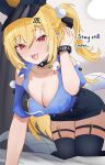  1girl absurdres arm_up bed blonde_hair blush breasts chalky_(zenless_zone_zero) cissia_(zenless_zone_zero) cleavage commentary crawling english_commentary english_text hair_ornament hand_on_own_head hat highres indoors large_breasts long_hair looking_at_viewer on_bed open_mouth pink_nails police police_hat police_uniform policewoman pom_pom_(clothes) pom_pom_hair_ornament red_eyes serafhin shirt skirt smile snake snake_girl snake_tail solo tail thick_thighs thighhighs thighs twitter_username white_snake zenless_zone_zero 