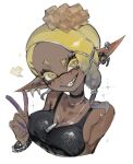  +_+ 1girl asymmetrical_hair bare_shoulders black_choker black_sports_bra black_tank_top blonde_hair blue_hair blush bracelet breasts choker cleavage collarbone colored_eyelashes colored_skin commentary_request crop_top cropped_torso cross-shaped_pupils dark-skinned_female dark_skin dog_tags ear_piercing earrings food forehead frye_(splatoon) gradient_hair grin hair_ornament jewelry large_breasts long_pointy_ears looking_at_viewer medium_breasts medium_hair multicolored_hair multiple_earrings necklace piercing pointy_ears purple_hair short_eyebrows simple_background smile solo sparkle spikes splatoon_(series) sports_bra symbol-shaped_pupils tank_top teeth tentacle_hair thick_eyebrows togetoge two-tone_hair upper_body v very_dark_skin white_background yellow_eyes 