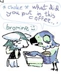 ambiguous_gender animal_crossing anthro barista bodily_fluids canid canine clothing coffee_cup container cup dialogue duo mammal merlin_(bird) nervous nintendo parkercc pierce_(animal_crossing) poisoning speech_bubble suit sweat sweatdrop wings wolfram_beta