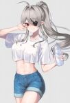  1girl ahoge alternate_costume bottle breasts cropped_shirt denim denim_shorts eyepatch general_geega grey_background grey_hair highres large_breasts light_smile looking_at_viewer navel ni_kumo_tsuku_ni pointy_ears ponytail red_eyes shirt shorts sweat thighs virtual_youtuber vshojo water_bottle wet white_shirt 