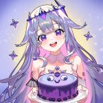  1girl :d absurdres armlet cake center-flap_bangs colored_inner_hair commentary detached_collar detached_sleeves double-parted_bangs dress english_commentary fluffycatfish food gem gradient_hair grey_hair hair_flaps headpiece highres holding holding_cake holding_food holoadvent hololive hololive_english incoming_food jewel_under_eye jewelry koseki_bijou koseki_bijou_(1st_costume) long_hair looking_at_viewer multicolored_hair pebble_(koseki_bijou) pink_hair purple_eyes purple_gem purple_hair single_detached_sleeve smile solo strapless strapless_dress upper_body virtual_youtuber white_dress white_sleeves 