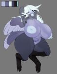 anthro avian back_wings beak big_breasts bird black_legs blue_body blue_eyes blue_feathers blue_hair breasts color_swatch crotch_tuft feathers female grey_body grey_feathers hagalazd hair hands_behind_head hi_res koran_(nickzilla) slightly_chubby slightly_chubby_female solo tail tail_feathers thick_thighs tuft wings