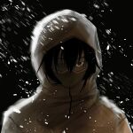  1boy black_hair blizzard commentary_request digimon digimon_beatbreak goggles highres hood hood_up hooded_jacket hrukkkkk jacket male_focus mask medium_hair mouth_mask night partially_shaded_face portrait ski_goggles snow snowing solo sone_haruomi 