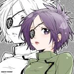  1girl artist_name bambi_surprise chrome_dokuro commentary eyepatch green_jacket highres jacket katekyo_hitman_reborn! parted_lips portrait purple_eyes purple_hair short_hair skull_print solo zoom_layer 