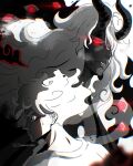  2boys absurdres commentary dark-skinned_male dark_skin devil_fruit_power gear_fifth glowing glowing_eyes hair_over_one_eye highres horns iamosix2 imu_(one_piece) long_hair male_focus monkey_d._luffy multiple_boys one_piece parted_lips profile red_eyes scar scar_on_cheek scar_on_face shirt short_hair sweatdrop transformation twitter_username upper_body white_hair white_shirt 