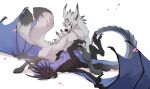  2026 ambiguous_gender canid canine claws digital_drawing_(artwork) digital_media_(artwork) dragon drmax duo eye_contact feet feral fingers fox fur hi_res horn looking_at_another lying male_(lore) mammal mythological_creature mythological_scalie mythology on_back scalie simple_background smile tail teeth toes tongue wings 