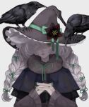  1girl bird black_capelet black_flower bow braid capelet closed_mouth crow film_grain flower fur_collar green_bow green_eyes green_nails green_ribbon grey_shirt hair_over_one_eye hair_ribbon hat hat_bow hat_flower highres long_hair long_sleeves looking_at_viewer original pale_skin ribbon shaded_face shirt simple_background slit_pupils solo somnia23 straight-on twin_braids upper_body white_background white_hair witch_hat 