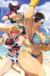  3girls adapted_costume ahoge arm_up armpits ass ass_visible_through_thighs beach bikini black_bikini black_hair blonde_hair blue_bikini blue_eyes blue_sky bracelet braid breasts brown_eyes brown_hair bun_cover cammy_white chun-li cleavage cloud commentary cone_hair_bun day double_bun drill_hair earrings english_commentary fighting_stance fingerless_gloves fingernails front-tie_bikini_top front-tie_top gloves grin hair_bun hair_horns halterneck han_juri headband highres huge_ahoge jewelry large_breasts lips long_hair looking_at_viewer multicolored_hair multiple_girls muscular muscular_female navel ocean open_mouth outdoors pink_hair red_gloves red_headband sand scar scar_on_cheek scar_on_face short_hair side-tie_bikini_bottom sideboob sky smile spiked_bracelet spikes standing standing_on_one_leg streaked_hair street_fighter studded_bracelet sunglasses sweat swimsuit teeth thick_thighs thighs tovio_rogers twin_braids twin_drills udon_entertainment underboob water 
