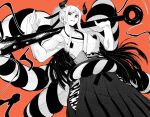  1girl absurdres blush book commentary dutch_angle earrings greyscale_with_colored_background haki_(one_piece) highres horns japanese_clothes jesse_schickler jewelry kimono looking_at_viewer one_piece orange_background orange_eyes orange_hair ponytail rope shimenawa sidelocks sleeveless sleeveless_kimono smile solo yamato_(one_piece) 