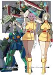  2girls absurdres aeug beam_rifle blonde_hair breasts commentary_request dark-skinned_female dark_skin energy_gun gelgoog gloves gm_(mobile_suit) gm_ii goru_(glty07) gundam highres large_breasts mecha military military_uniform miniskirt mobile_suit multiple_girls nemo_(mobile_suit) pencil_skirt pink_hair robot salamis_class sanpaku shield short_hair skirt sleeveless translated walking weapon white_gloves zeta_gundam 