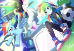  1girl :d absurdres animification antenna_hair ball black_leggings blue_hoodie blue_shoes blue_skin castle cloud colored_skin commentary creature_and_personification dual_persona dutch_angle english_commentary flying grass highres hood hoodie in-universe_location indoors leggings long_hair mirror multicolored_hair my_little_pony my_little_pony:_equestria_girls my_little_pony:_friendship_is_magic outdoors pegasus personification pony_(animal) rainbow_dash rainbow_dash_(equestria_girls) rainbow_hair red_eyes ryuu_(ryuraconis) shoes sitting sky smile sneakers soccer_ball statue tree v-shaped_eyes wings wristband 