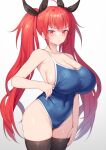  1girl alexmaster alternate_costume azur_lane bangs bare_shoulders blue_swimsuit blush breasts cleavage clothes_pull collarbone covered_navel highleg highleg_swimsuit honolulu_(azur_lane) huge_breasts long_hair looking_at_viewer mole mole_on_breast one-piece_swimsuit red_eyes red_hair revision solo swimsuit swimsuit_pull tan tanlines thighs twintails 