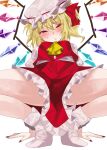  1girl ? arm_support ascot blonde_hair blush breasts cameltoe closed_mouth crystal_wings flandre_scarlet full_body half-closed_eyes hands_on_floor hat hat_ribbon highres legs_apart looking_at_viewer medium_hair mob_cap nori_01216 pink_hat pink_shirt pink_skirt red_eyes red_ribbon red_skirt red_vest ribbon shirt simple_background skirt small_breasts solo squatting straight-on touhou vest white_background wings yellow_ascot 