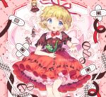  1girl :d amo_(shibu3) black_ribbon black_shirt blonde_hair bloomers blue_eyes bow bowtie collared_shirt commentary cowboy_shot crossed_bandaids flower frilled_shirt_collar frills hair_ribbon heart highres lily_of_the_valley looking_at_viewer medicine_melancholy open_mouth pill pleated_skirt reaching reaching_towards_viewer red_bow red_bowtie red_ribbon red_skirt ribbon ribbon-trimmed_skirt ribbon-trimmed_sleeves ribbon_trim shirt short_hair skirt smile solo su-san syringe touhou twitter_username white_bloomers white_flower 