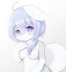  12:13 2022 absurd_res ahoge akira_3r anthro artist_name blue_eyes blue_hair blush breasts canid canine canis cute_fangs eyelashes female fingers fur grey_background grey_body grey_fur hair half-length_portrait hi_res kemono looking_at_viewer mammal multicolored_body multicolored_fur navel nude portrait signature simple_background smile smiling_at_viewer solo text translated_description two_tone_body two_tone_fur white_body white_fur wolf 