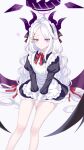  1girl apron bare_legs black_dress black_halo black_horns blue_archive blush breasts commentary_request demon_girl demon_horns demon_wings dress frilled_apron frills hair_ornament hairclip halo highres hina_(blue_archive) horns long_hair long_sleeves looking_at_viewer low_wings maid maid_apron maid_headdress multiple_horns naano_(sakikou) parallel_hairclips parted_bangs puffy_sleeves purple_eyes purple_halo purple_wings simple_background sitting small_breasts solo thighs very_long_hair white_apron white_background white_hair wings 