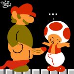 balls black_background bodily_fluids bottomwear bottomwear_down brown_hair clothed clothing duo elemental_creature erection erection_under_clothing facial_hair footwear fungi_fauna fungus genitals hair hat headgear headwear human humanoid imminent_sex male male/male mammal mario mario_bros mustache nintendo orange_body overalls pants pants_down partially_clothed penis penis_awe restricted_palette shirt shoes short_hair side_view signature simple_background simple_face size_difference super_mario_bros._(nes) sweat sweatdrop toad_(mario) toni_oni topwear vein veiny_penis vest
