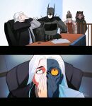  1girl 3boys absolute_batman absolute_dc back_spikes bat_mask batman_(absolute_dc) batman_symbol bodysuit catwoman_(absolute_dc) commentary dc_comics grey_bodysuit highres higuruma_stressed_out_(meme) jacket jujutsu_kaisen meme mismatched_sclera multicolored_jacket multicolored_suit multiple_boys necktie parody polar_opposites rwheel0333 scene_reference split_theme superhero_costume the_riddler_(absolute_dc) two-face_(absolute_dc) two-tone_jacket two-tone_necktie two-tone_shirt two-tone_suit 