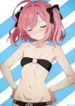  1girl absurdres azur_lane bikini black_bikini black_bow blush bow breasts closed_eyes commentary_request cross-laced_bikini cross-laced_clothes embarrassed facing_down facing_viewer groin hair_between_eyes hair_bow hands_on_own_hips highres light_frown medium_hair navel nervous o-ring o-ring_bikini o-ring_top phoenix_(lanzilong646) pink_hair saratoga_(azur_lane) skindentation small_breasts solo standing stomach strapless strapless_bikini striped_background swimsuit wavy_mouth 