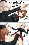  2girls ^^^ black_hat black_jacket blue_eyes blush brown_eyes brown_hair clothes_lift commentary constricted_pupils dodging dress_shirt emphasis_lines fighting frown garrison_cap girls_und_panzer grey_hair hat highres insignia itsumi_erika jacket kuromorimine_military_uniform leaning_to_the_side lifting_another's_clothes long_sleeves looking_at_another medium_hair military_hat military_uniform miniskirt motion_lines multiple_girls nishizumi_miho omachi_(slabco) open_mouth pleated_skirt red_shirt red_skirt shirt short_hair skirt skirt_lift standing translated wing_collar 