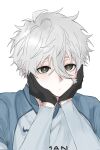  1boy :/ black_gloves blue_lock closed_mouth commentary corrupted_twitter_file gloves grey_eyes hair_between_eyes hands_on_own_face highres long_sleeves looking_at_viewer male_focus nagi_seishirou notjjbut portrait raglan_sleeves short_hair simple_background soccer_uniform solo sportswear white_background white_hair 