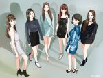  12_07sh 6+girls black_dress black_skirt blue_dress blue_eyes blunt_bangs blush bob_cut bracelet brown_hair commentary_request dress earrings eunha_(gfriend) from_above full_body gfriend high_heels highres jewelry long_hair long_sleeves looking_at_viewer looking_back medium_hair multiple_girls parted_lips pink_lips shadow shirt_tucked_in sinb_(gfriend) skirt sowon_(gfriend) umji_(gfriend) yerin_(gfriend) yuju_(gfriend) 