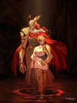  2girls armor cape covered_eyes dress elden_ring fromsoftware full_armor full_body gui_borba headpiece height_difference helmet helmet_over_eyes highres kaze_no_tani_no_nausicaa kushana malenia_blade_of_miquella multiple_girls orange_hair prosthesis prosthetic_arm red_cape red_hair studio_ghibli walking winged_helmet 