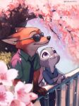  1boy 1girl animal_ears animal_nose blue_necktie blue_shirt cherry_blossoms commentary_request fox_boy fox_ears furry furry_female furry_male green_shirt highres judy_hopps looking_up necktie nick_wilde outdoors painterly purple_eyes rabbit_ears rabbit_girl rabbit_tail railing shirt signature smile snout sunglasses tail tomoe_(shoushou781) zootopia 