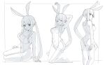  1girl absurdres alternate_costume amiya_(arknights) animal_ears arknights arm_above_head arm_behind_head ass blue_eyes blush breasts closed_eyes collar covered_navel extra_ears feet_out_of_frame full_body greyscale hand_on_own_chest highres jewelry kneeling large_breasts legs leotard long_hair looking_at_viewer looking_back monochrome multiple_rings multiple_views open_mouth ponytail rabbit_ears rabbit_girl rabbit_tail ring simple_background sitting spam_(spamham4506) spot_color stretching sweatdrop tail thigh_strap thighs white_background yokozuwari 