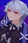  1boy :t anemyuri black_bow black_bowtie black_gloves black_jacket blue_background blue_coat blue_hair bow bowtie braid broken_heart coat coat_on_shoulders collared_shirt commentary crossed_arms english_commentary frilled_sleeves frills gloves hair_ornament hairclip heart highres holostars holostars_english jacket light_blush male_focus multiple_braids octavio pink_eyes portrait pout shirt short_hair solo tri_braids virtual_youtuber white_shirt 