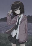  1girl black_eyes black_hair black_skirt cowboy_shot grass grey_jacket grey_sky highres jacket light_smile looking_at_viewer miniskirt mountainous_horizon open_clothes open_jacket original outdoors parted_lips river shirt short_hair sidelocks skirt sky solo tanoe_(hukritaxxx) water white_shirt 