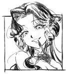  1girl anjo_nala bare_shoulders curled_horns finger_to_mouth gloves greyscale grin hakyusiku hand_up horns index_finger_raised long_hair looking_at_viewer low_horns monochrome portrait reverse:1999 smile solo white_background 