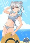  1girl absurdres alternate_costume bikini blue_sky blunt_bangs breasts cleavage cloud collarbone commentary_request day double_bun feet_out_of_frame frilled_bikini frills grey_bikini grey_hair hair_between_eyes hair_bun hand_on_own_head hand_up hat heaven_burns_red highres holding holding_unworn_clothes holding_unworn_hat jewelry kusu_any looking_at_viewer medium_breasts medium_hair narby_(heaven_burns_red) navel necklace ocean one_eye_closed outdoors red_eyes sky slime_(creature) solo standing stomach straw_hat sunlight swimsuit twintails unworn_hat unworn_headwear yamawaki_bon_ivar 