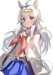  1girl ahoge animal_ears belt blue_eyes blue_skirt closed_mouth commentary_request cowboy_shot dot_nose highres horse_ears horse_girl horse_tail jacket long_hair long_sleeves looking_at_viewer neckerchief oguri_cap_(starlight_beat)_(umamusume) oguri_cap_(umamusume) open_clothes open_jacket red_neckerchief sailor_collar shirano_akihiro simple_background skirt solo tail twitter_username umamusume white_background white_belt white_hair white_jacket 