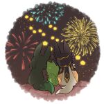  aerial_fireworks animal animal_focus animal_with_hair animalization border collei_(genshin_impact) commentary_request cyno_(genshin_impact) fireworks fox from_behind genshin_impact green_hair highres nasuka_gee no_humans round_border tighnari_(genshin_impact) white_border 
