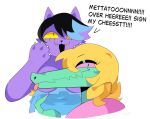 2025 alligator alligatorid anthro black_eyeshadow black_hair blep blonde_hair bratty_(undertale) breasts catty_cattenheimer claws clothed clothing colored_nails convenient_censorship crocodilian dialogue digital_drawing_(artwork) digital_media_(artwork) domestic_cat duo english_text excited exposed_breasts eyelashes eyeshadow fangirl fangs felid feline felis female green_body grey_background hair hi_res looking_at_viewer makeup mammal medium_breasts medium_hair mischievous_smile nails name_drop narrowed_eyes navel_outline open_mouth open_smile overalls partially_clothed paws pigtails pink_nails pink_sclera pupils purple_body reptile scalie sharp_nails short_hair simple_background slightly_chubby slightly_chubby_anthro slightly_chubby_female slit_pupils smile smug talking_to_another teeth text tongue tongue_out undertale_(series) valkenite yellow_sclera