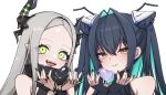  2girls :d bare_shoulders black_nails blue_hair brown_eyes chiji_komari closed_mouth commentary_request cone_hair_bun fingernails forehead goddess_of_victory:_nikke green_eyes hair_between_eyes hair_bun heart horns leviathan_(nikke) little_mermaid_(nikke) long_fingernails long_hair multicolored_hair multiple_girls nail_polish piercing sharp_fingernails simple_background smile tongue_piercing two-tone_hair two_side_up upper_body very_long_hair white_background 