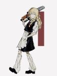  1girl apron biming black_shoes black_skirt black_vest blonde_hair bow braid chainsaw closed_eyes closed_mouth cookie_(touhou) facing_to_the_side facing_viewer full_body grey_background hair_bow hand_in_pocket hand_up highres holding holding_chainsaw kirisame_marisa leg_warmers long_sleeves medium_skirt puffy_short_sleeves puffy_sleeves red_bow shirt shoes short_sleeves skirt solo standing suzu_(cookie) touhou vest waist_apron walking white_apron white_leg_warmers white_shirt 