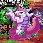 absurd_res animal_skin anthro bandai_namco brick brick_wall claws digimon digimon_(species) fur gabumon graffiti hi_res horn leafblade97 looking_at_viewer male paint painting_(action) psychemon solo spray_paint striped_body striped_fur stripes wall_(structure)