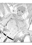  1boy abs bangs bara bare_pectorals blush clothes_lift flower granblue_fantasy greyscale highres large_pectorals lifted_by_self looking_at_viewer male_focus male_swimwear migi_(mm86262394) monochrome muscular muscular_male navel nipples pectorals shirt shirt_lift short_hair smile solo teeth vane_(granblue_fantasy) 