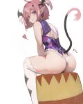  1girl :3 ahoge artist_name ass ass_focus bare_shoulders black_wings blush camila_(vtuber) chrisdasa closed_mouth colored_eyelashes diamond_(shape) diamond_facial_mark diamond_hair_ornament ear_piercing english_commentary facial_mark fang fang_out feet_out_of_frame from_side hair_intakes head_wings heart heart_facial_mark highleg highleg_leotard highres horns imp indie_virtual_youtuber leotard looking_at_viewer looking_back mismatched_eyelashes multicolored_hair piercing pink_hair pointy_ears purple_eyes rabbit_tail second-party_source sheep_horns short_hair shoulder_blades simple_background sitting solo stool strapless strapless_leotard streaked_hair tail tail_through_clothes thighhighs thighs triangle triangle_facial_mark turning_head v-shaped_eyebrows white_background white_hair white_streaks white_thighhighs wings 
