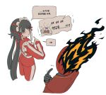  1other 2girls @_@ black_gloves black_hair commentary_request dante_(limbus_company) fire gloves grey_hair highres jersey_maid jia_xichun_(project_moon) kira_(project_moon) korean_commentary korean_text limbus_company long_sleeves maid misg1111 multicolored_hair multiple_girls pointing pointing_at_self pointing_to_the_side project_moon red_track_suit spoken_character streaked_hair sweatdrop track_suit translation_request unconventional_maid 